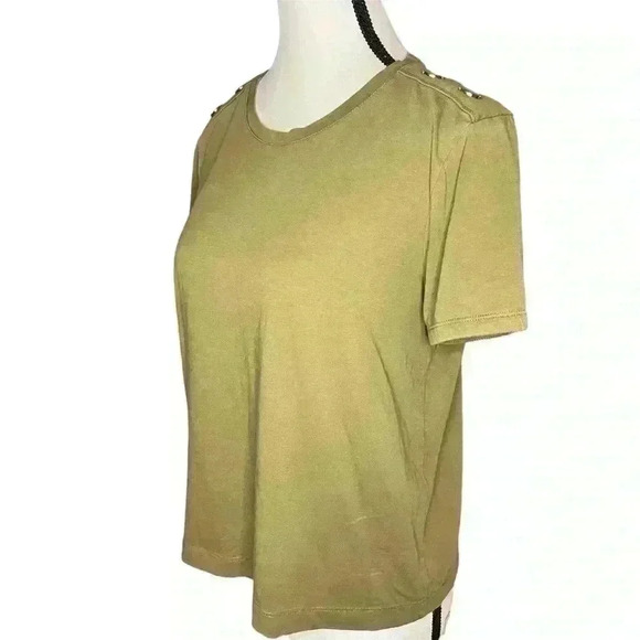 Zara Top Womens Large Short Sleeve Olive Green Metal Shoulder Detail Army Button - Picture 1 of 8